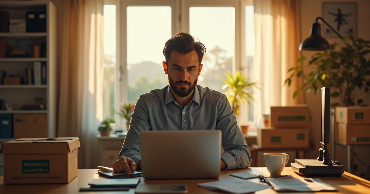 Homem sentado em escritório, laptop aberto, caixas de produtos ao lado, divindo atenção entre o computador e o estoque 