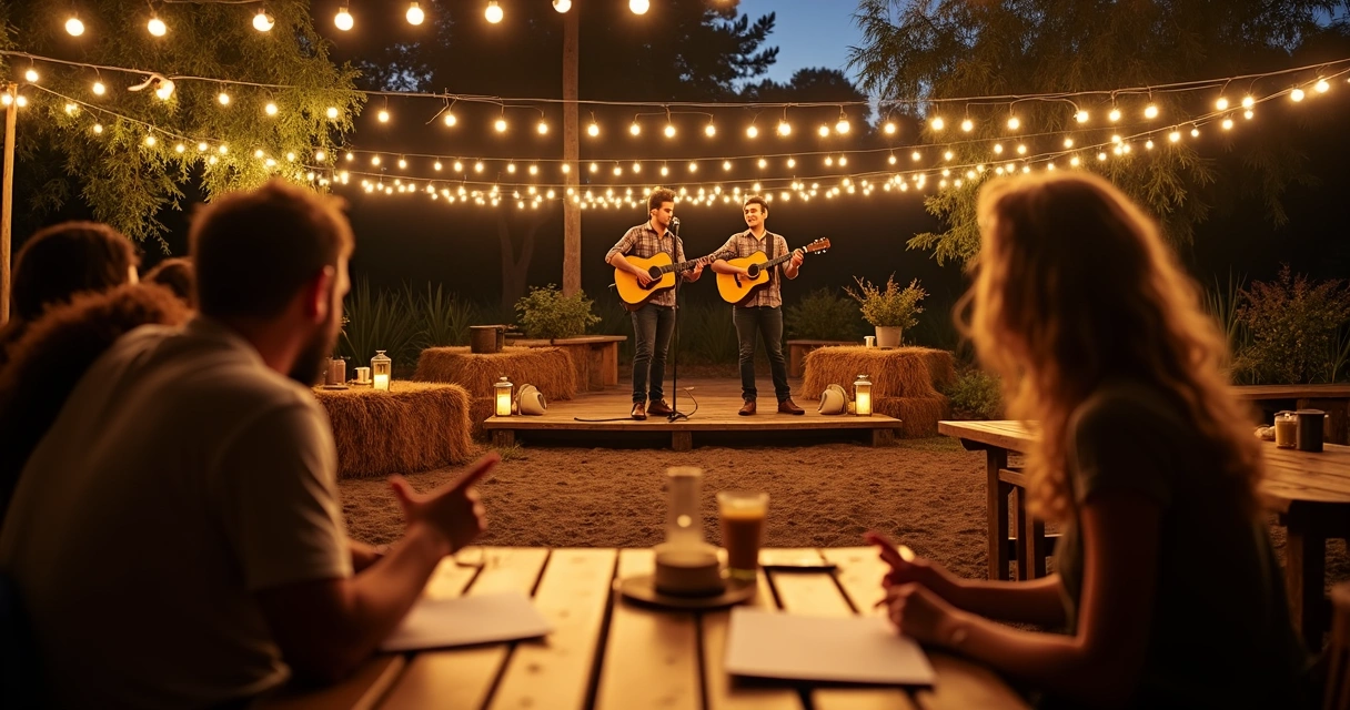 Dupla sertaneja em palco pequeno com público escolhendo show 