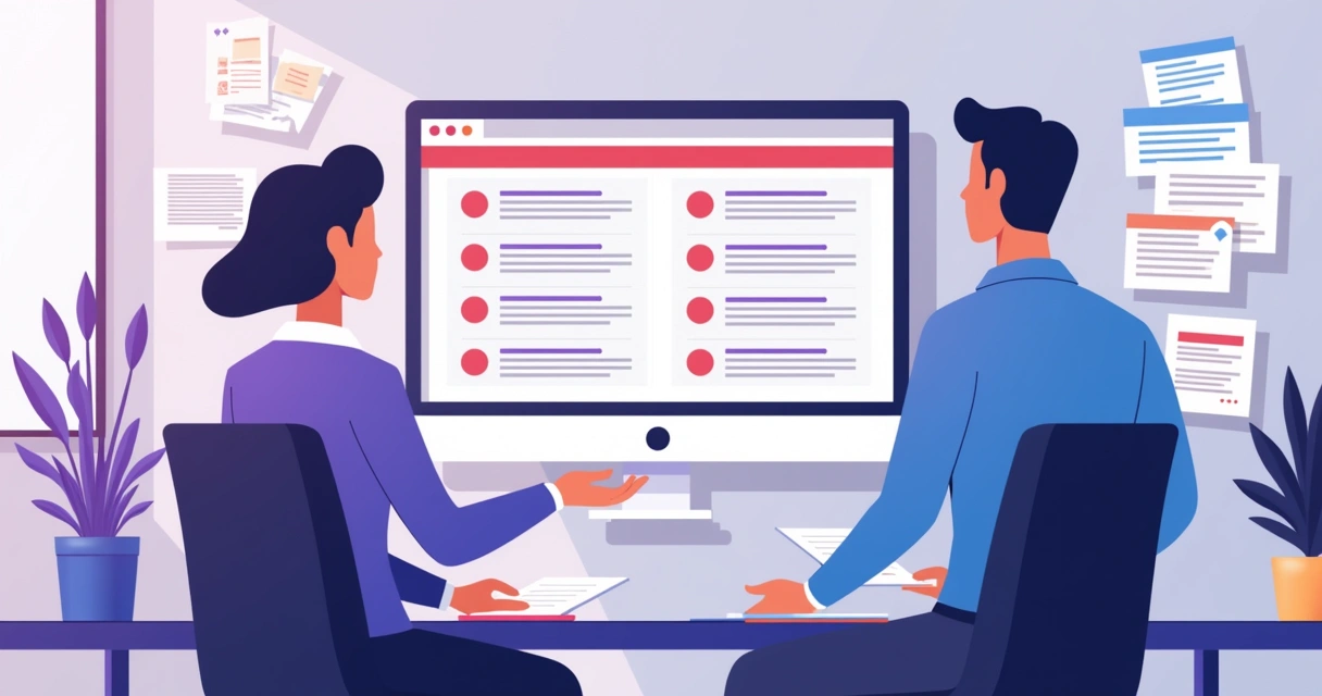 Duas pessoas olhando para uma lista de leads duplicados em uma tela 