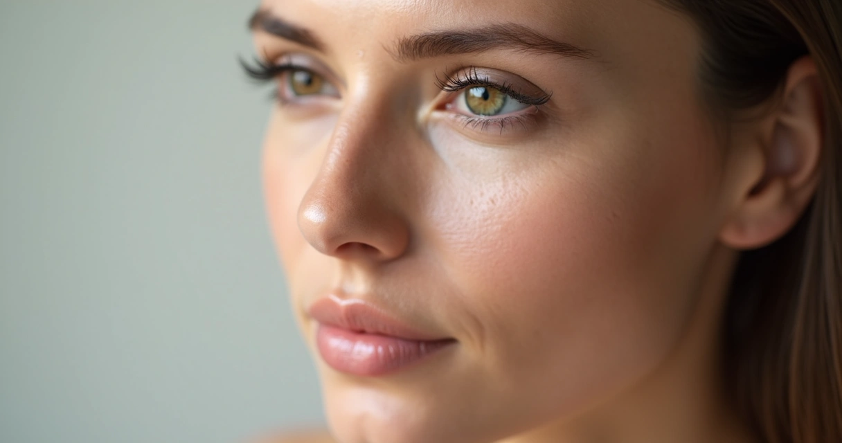 Rosto feminino relaxado com marcas suaves de expressão apagadas 