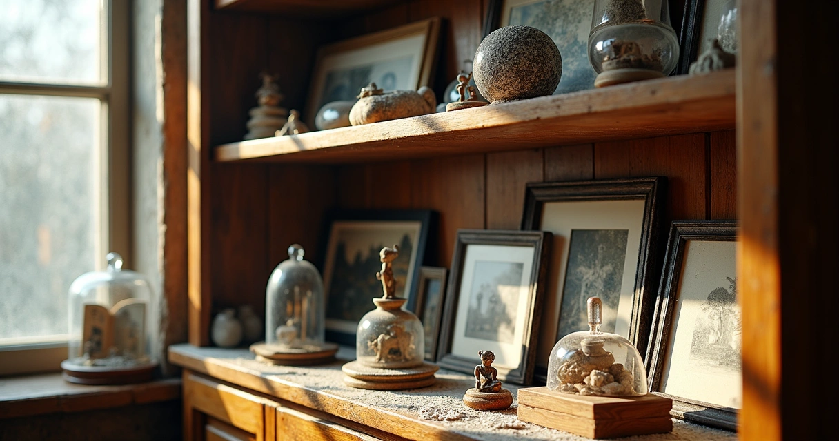 Assorted souvenirs and photo frames on a dusty wooden shelf 