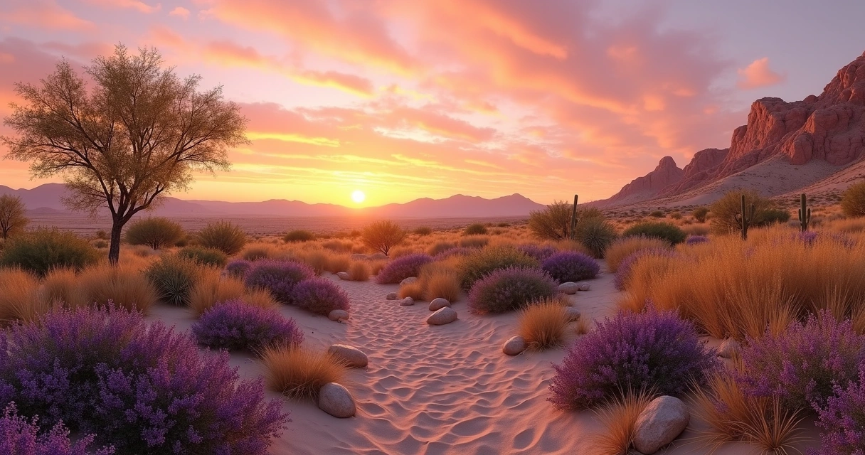 Desert garden at sunset with golden and pink sky 
