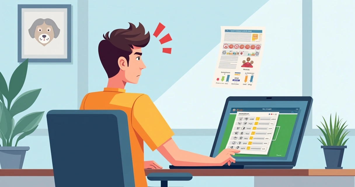 Homem sentado em frente ao computador analisando jogos de futebol, com papéis e gráficos na mesa, expressão de dúvida.