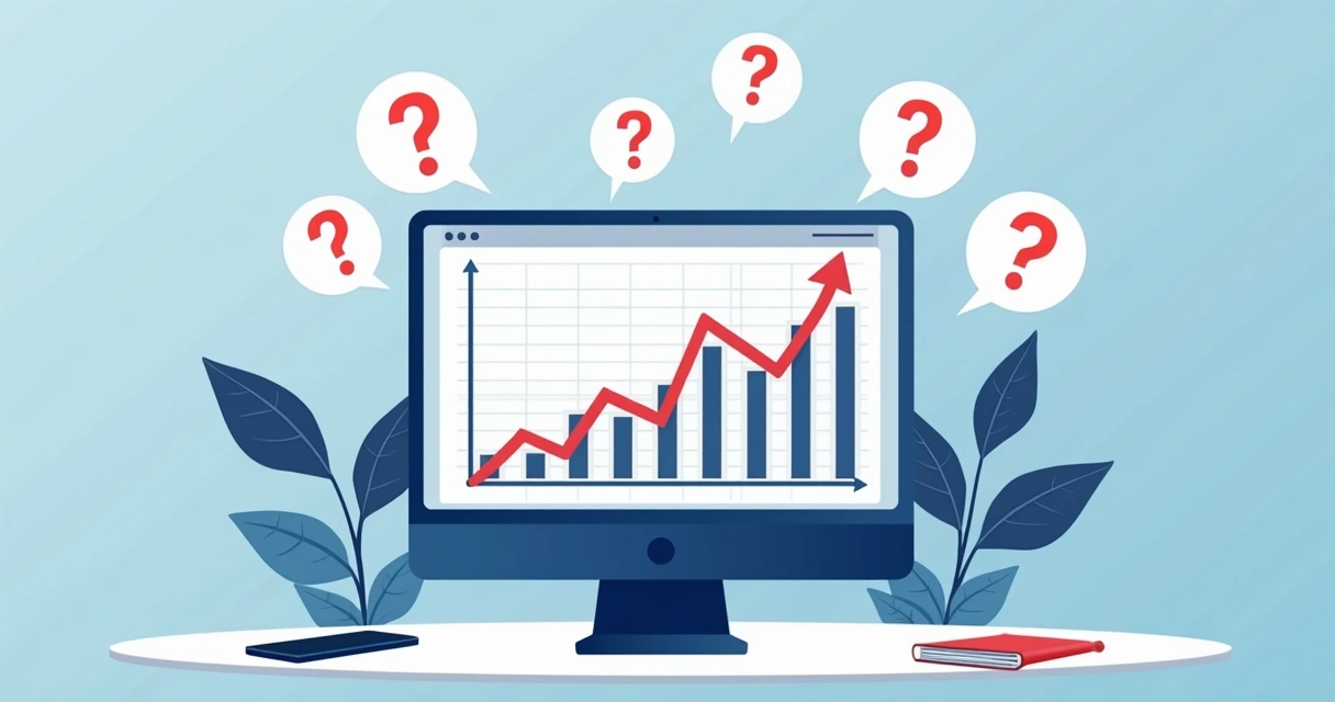 Tela de computador mostrando gráfico de vendas e balões de dúvidas ao redor 