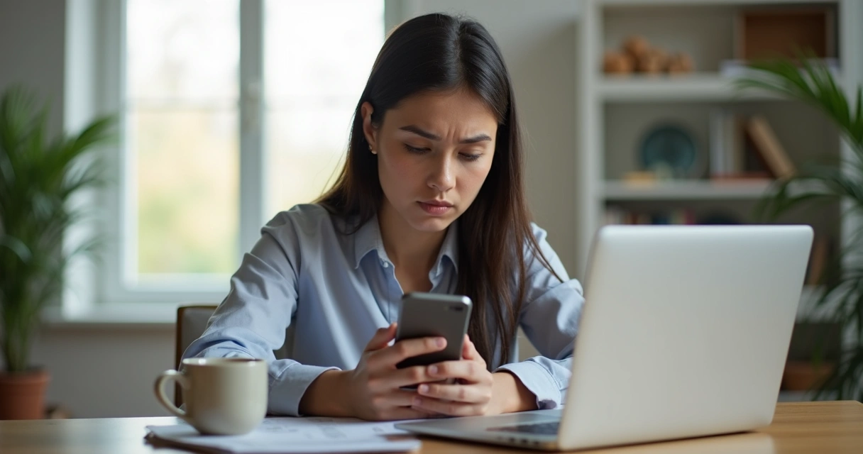 Pessoa olhando para o celular com expressão de dúvida, sentado à mesa
