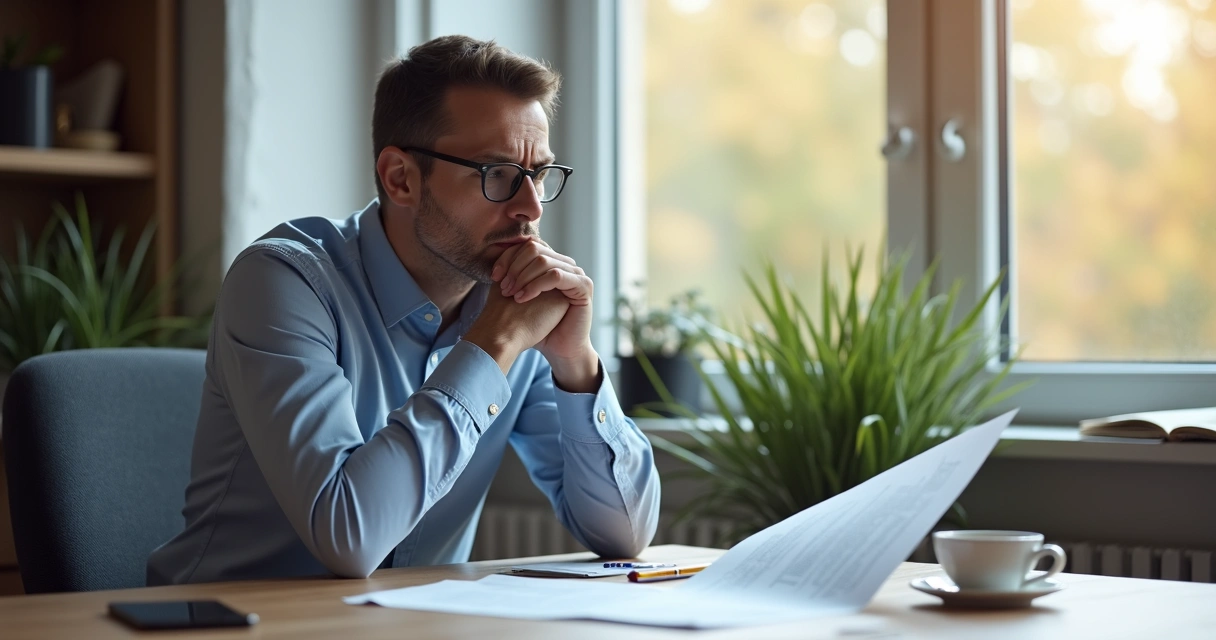 Homem sentado à mesa, expressão de dúvida, olhando proposta de venda 