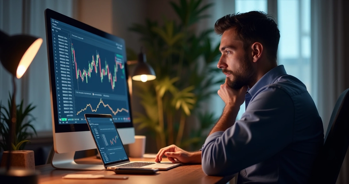 Pessoa analisando bot de trading com postura confiante e dúvida saudável