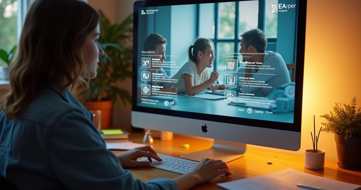 Pessoa analisando vídeo de criança em computador com gráficos de análise e símbolo de ECA Digital na tela 