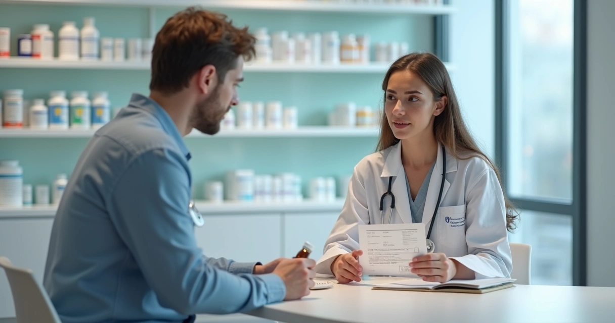 Pessoa consultando farmacêutico para dúvidas sobre medicamentos manipulados 