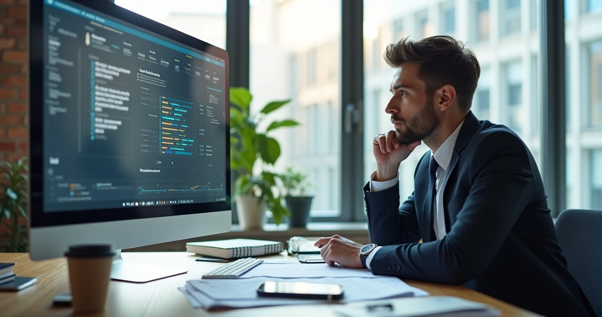 Pessoa em escritório moderno olhando opções de contabilidade no computador 