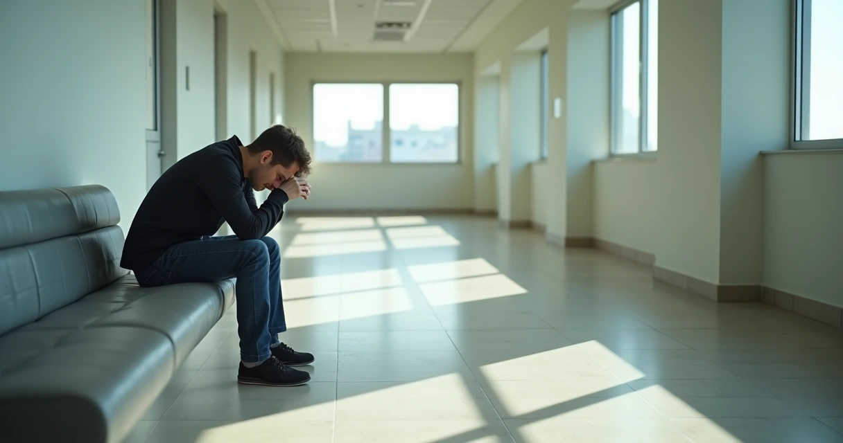 Homem de cabeça baixa sentado sozinho em um corredor iluminado 