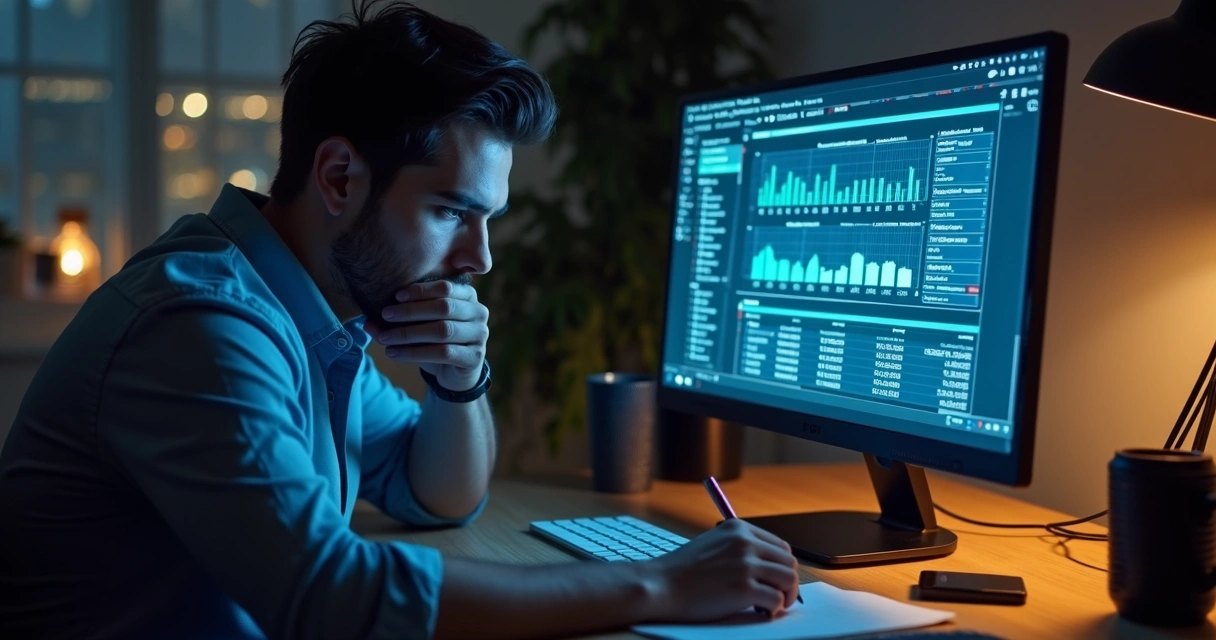 Empreendedor pensativo olhando tela de computador com números de vendas 