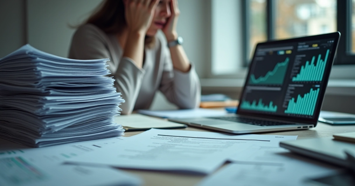 Pessoa em frente a uma mesa, analisando pilhas de papéis fiscais à esquerda e um notebook moderno à direita