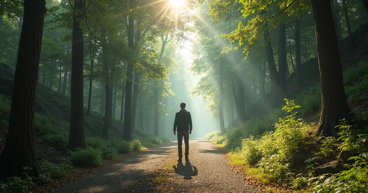 Pessoa parada diante de duas estradas divergentes em uma floresta iluminada pela manhã