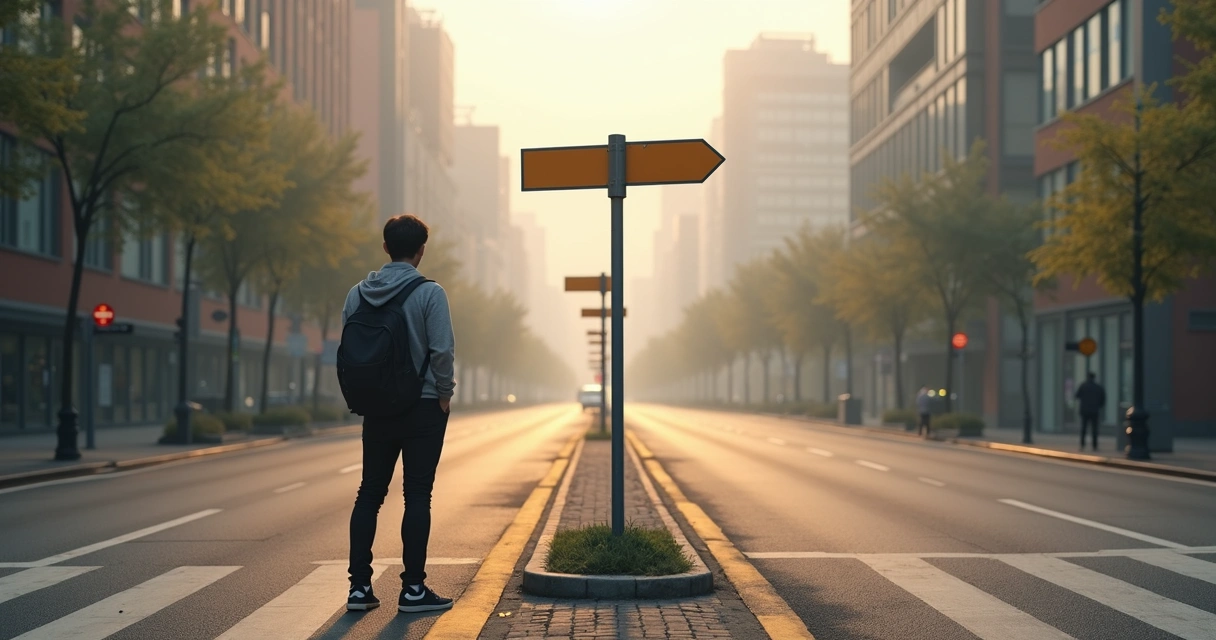 Pessoa parada em bifurcação de rua com placa indicando dois caminhos diferentes 