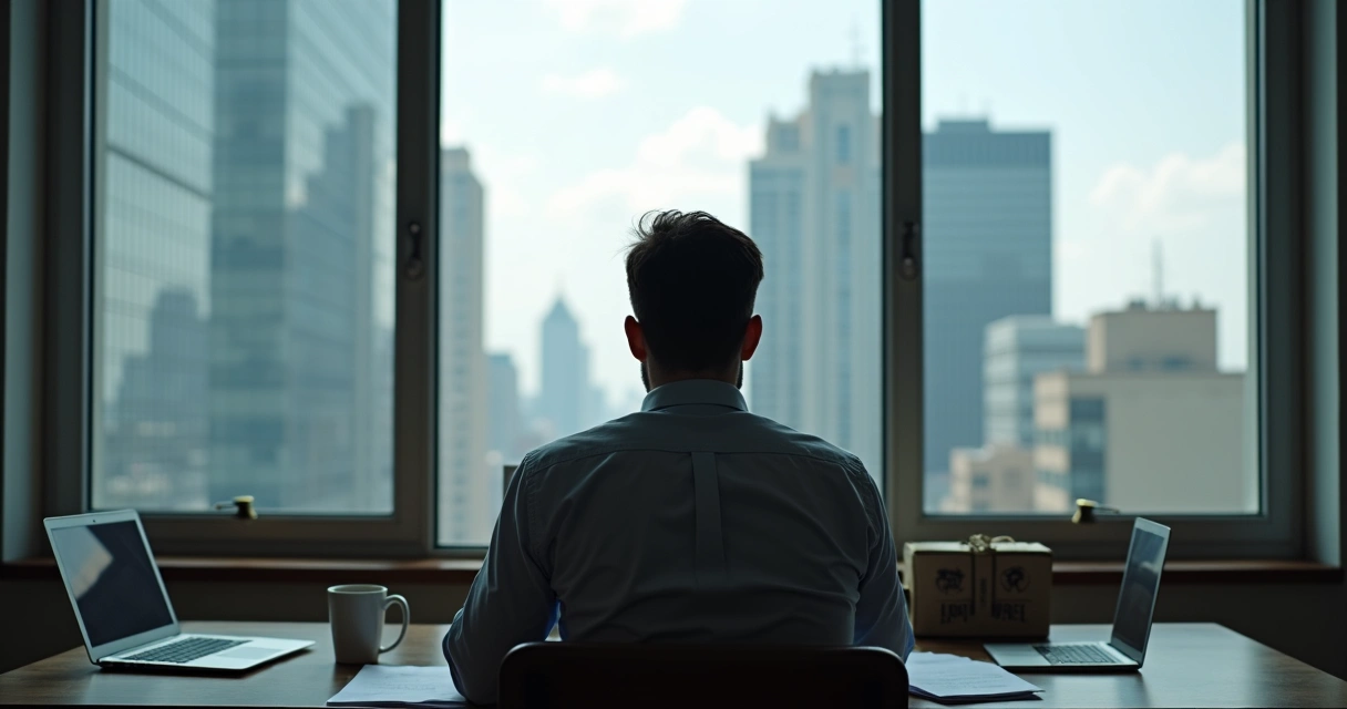 Pessoa em ambiente de escritório olhando pensativa para janela. 