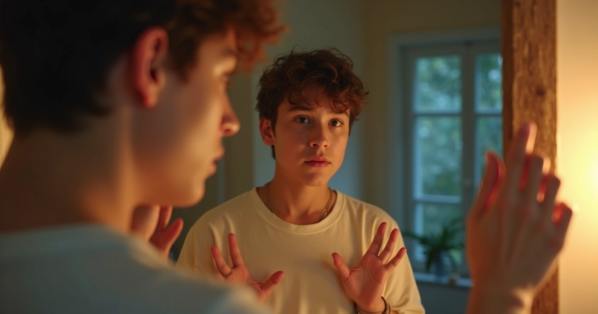 Pessoa olhando para si em frente ao espelho, expressão pensativa. 