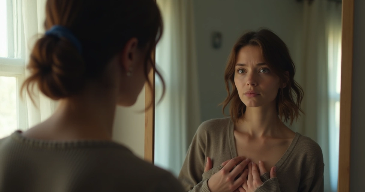 Pessoa olhando o próprio reflexo pensativo diante de um espelho; luz suave, roupa casual 