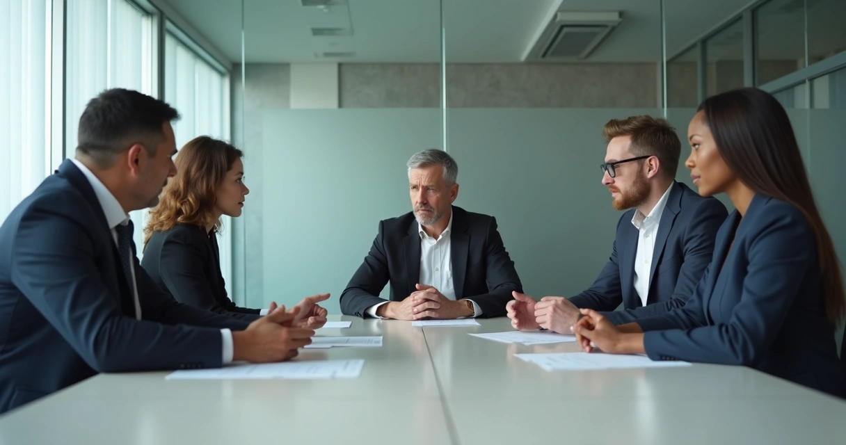 Profissionais sentados em sala de reunião, alguns com expressão pensativa, outros desviando olhar, clima de dúvida e tensão sutil