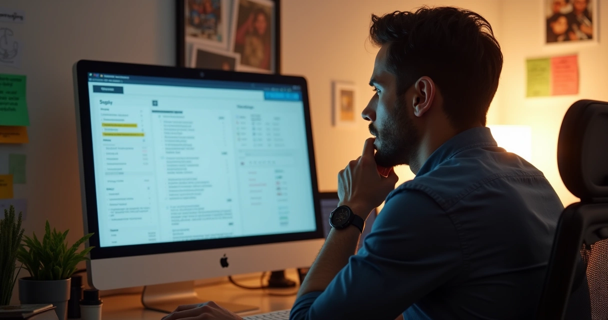 Pessoa com expressão pensativa olhando para tela de computador com documentos de trabalho 