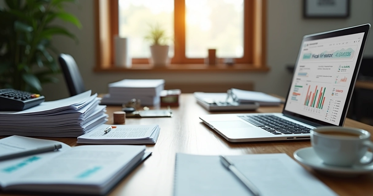 Duas mesas, uma com papéis, carimbo e calculadora, outra com notebook e gráfico fiscal