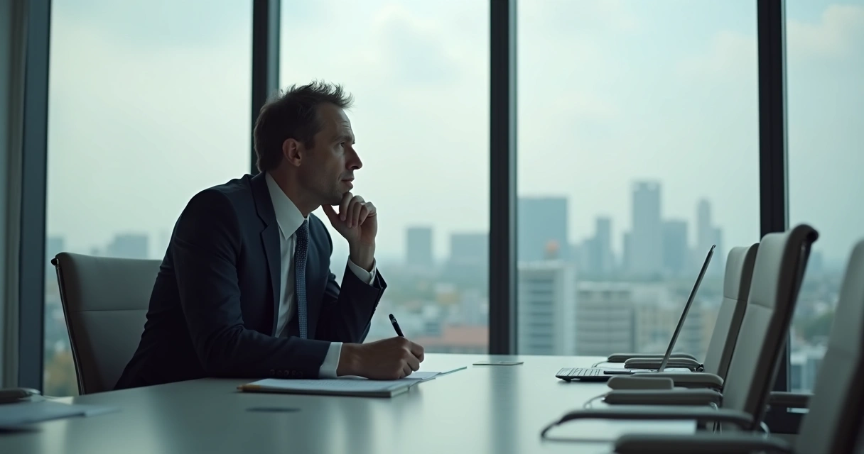 Líder pensativo olhando através de janela de sala de reunião 