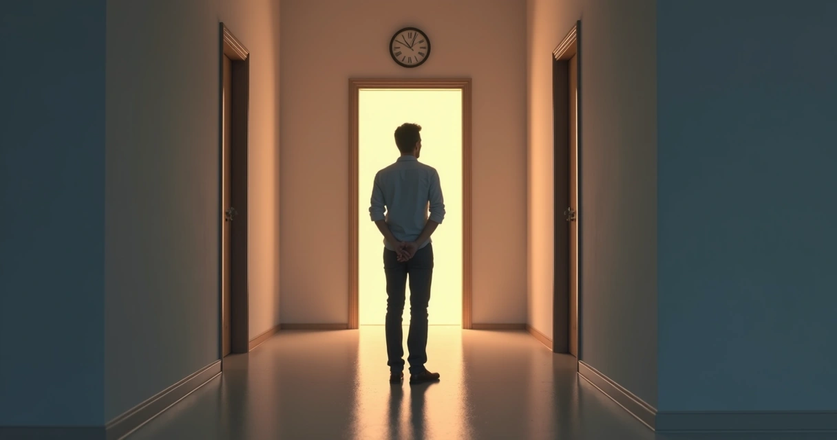 Pessoa parada diante de duas portas em um corredor claro 