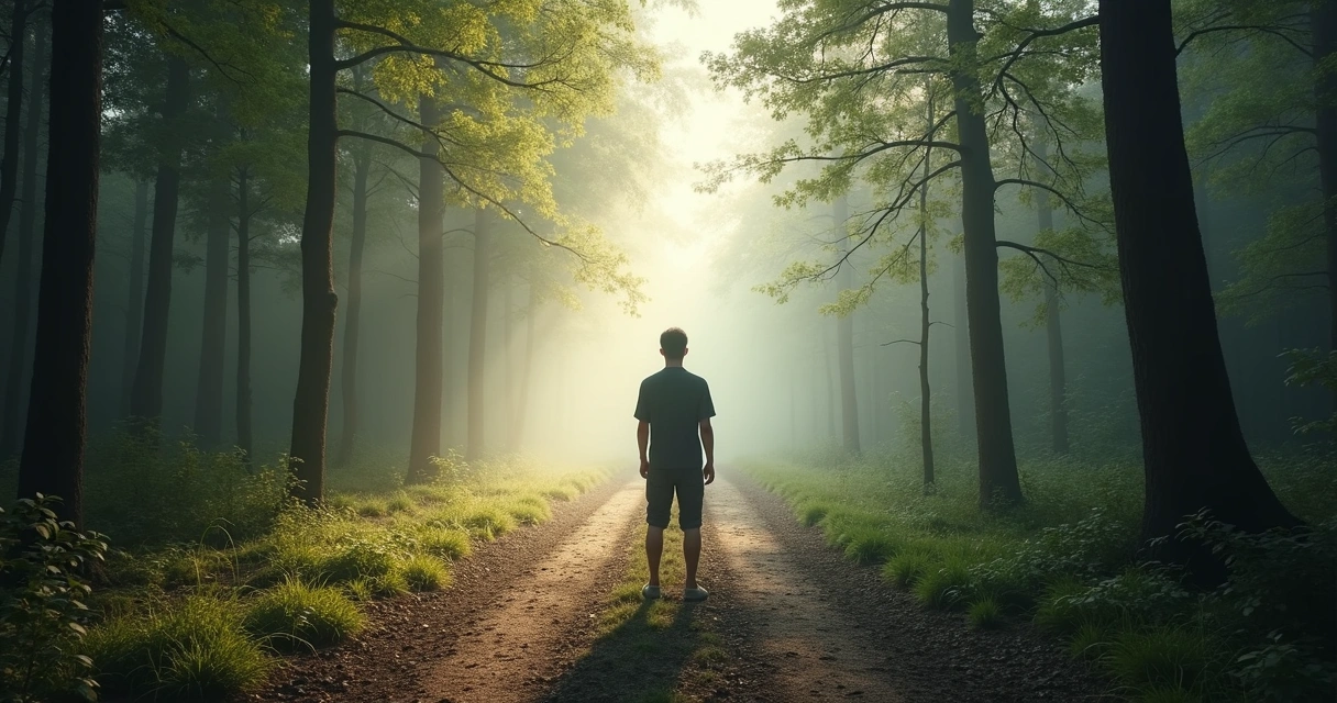 Pessoa diante de dois caminhos, um iluminado e outro com névoa, simbolizando dúvida entre intuição e autoengano 