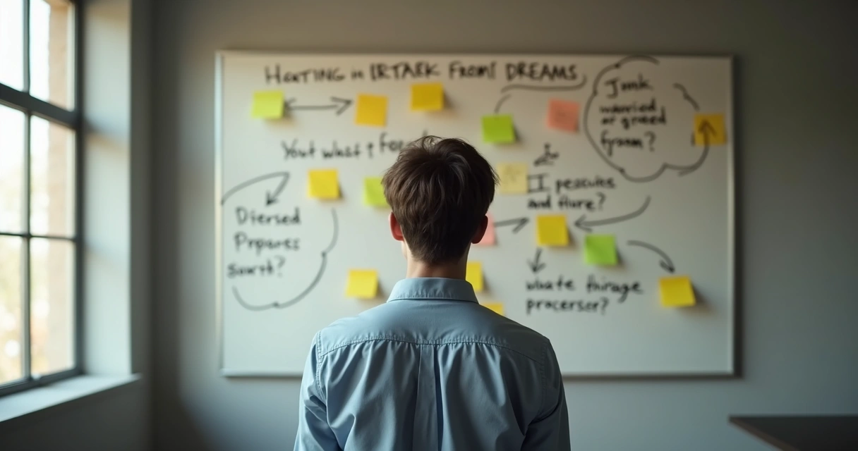 Pessoa olhando questionadora para um painel com diversas setas e perguntas sobre metas 