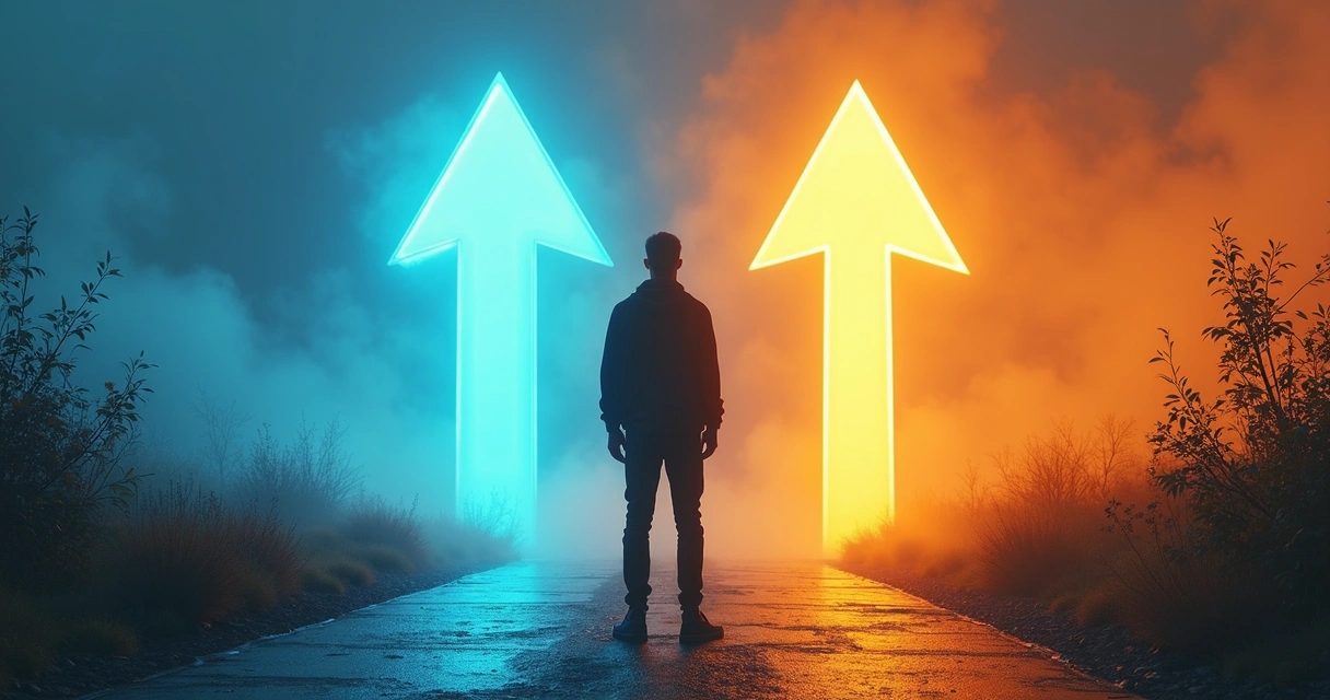 Pessoa de costas olhando duas setas em caminhos diferentes