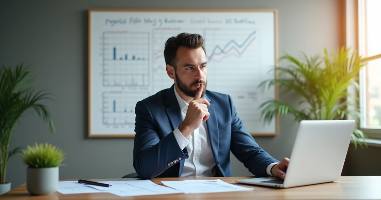 Empresário pensativo segurando documentos de contabilidade em mesa de escritório 
