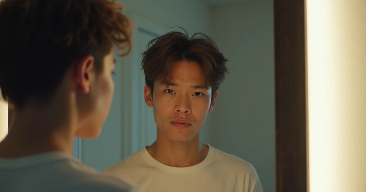 Pessoa encarando o próprio reflexo em um espelho, pensativa e questionadora 