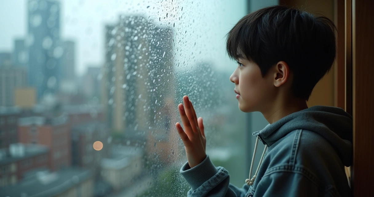 Pessoa olhando para uma janela com expressão de dúvida. 