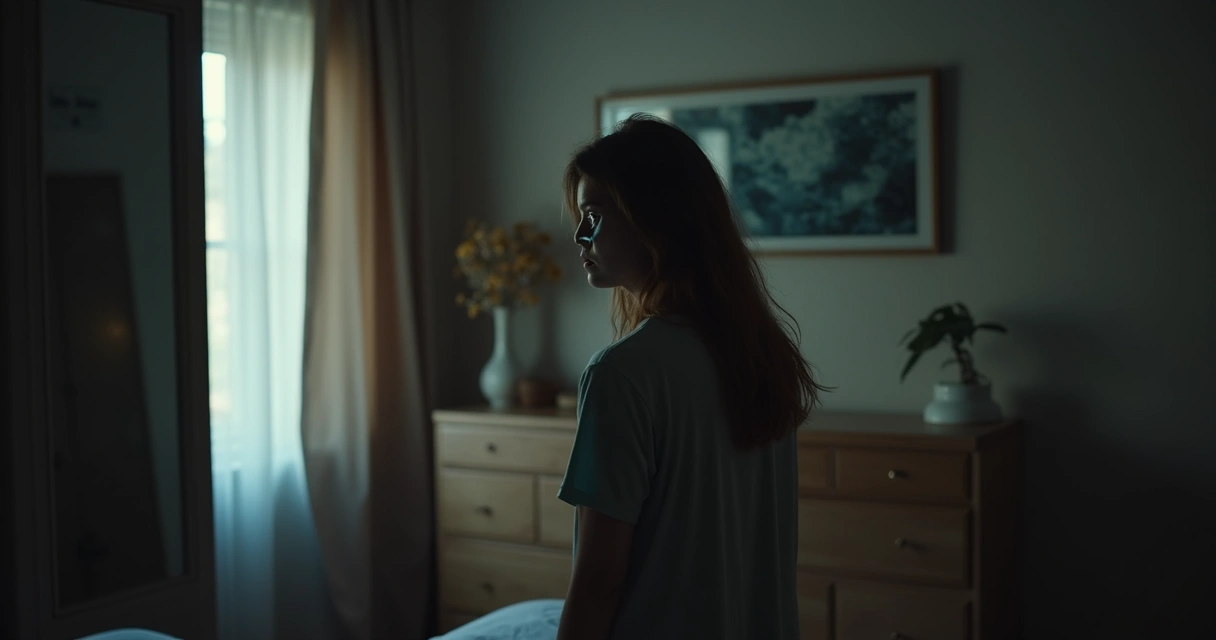 Pessoa olhando para o próprio reflexo em dúvida, em um ambiente escuro com luz suave 