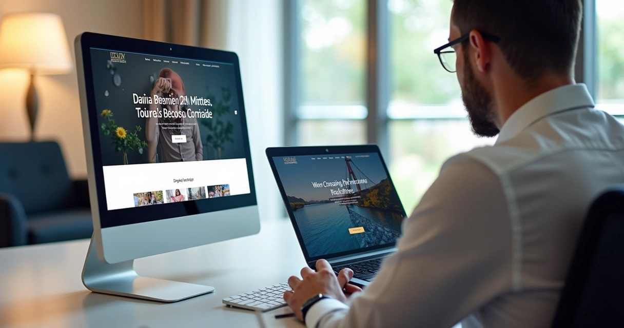 Pessoa diante de duas telas, uma mostrando um design de site personalizado e outra um template pronto 