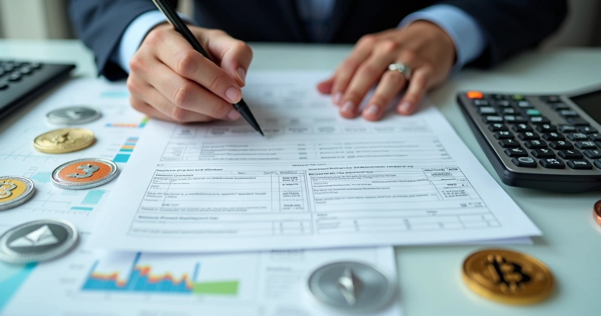 Pessoa analisando formulário de Imposto de Renda com ícones de criptomoedas. 