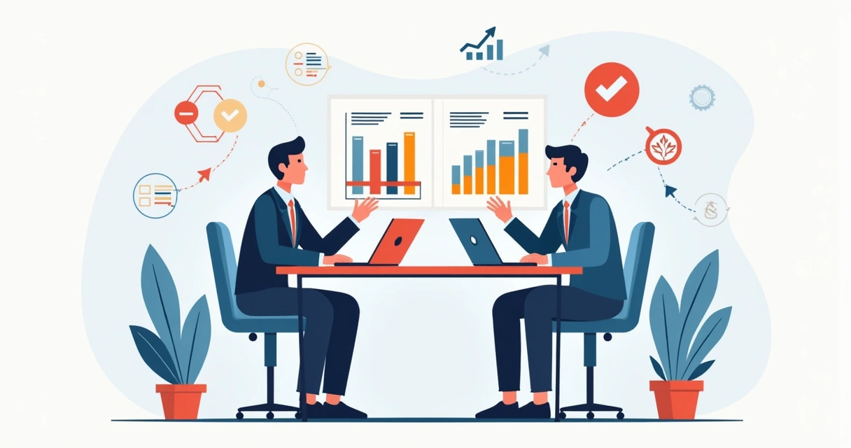 Duas pessoas olhando para gráficos coloridos que mostram taxas de investimentos, com dúvida no semblante 