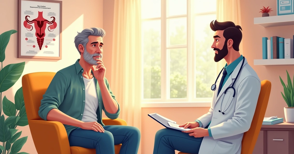 Homem preocupado em consulta médica com andrologista sobre saúde reprodutiva masculina.