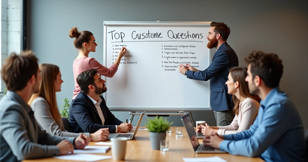 Equipe reunida em sala discutindo lista de dúvidas de clientes em quadro branco 