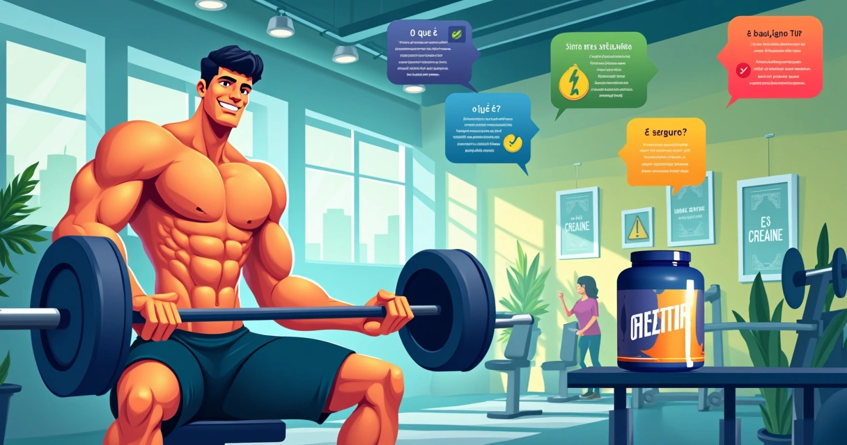 Ilustração de um atleta levantando pesos em uma academia moderna com informações sobre creatina.