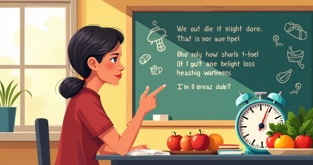 Ilustração de uma pessoa pensando sobre emagrecimento em uma cozinha, com frutas e vegetais saudáveis ao redor.