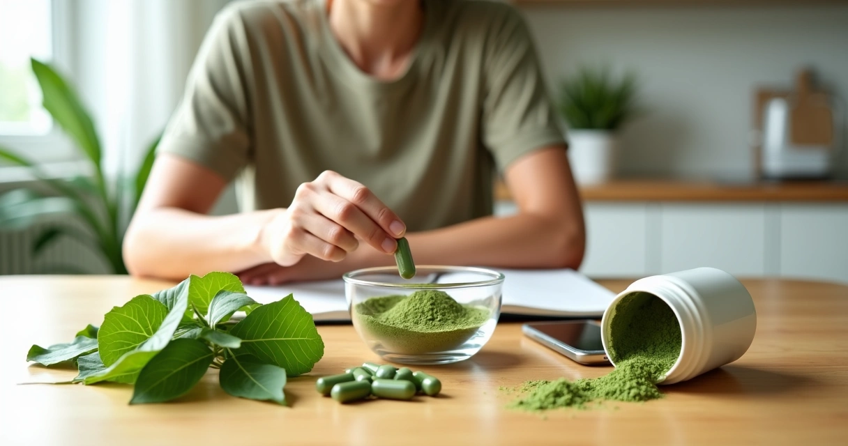 Pessoa escolhendo entre cápsulas, pó e folhas de moringa na mesa 