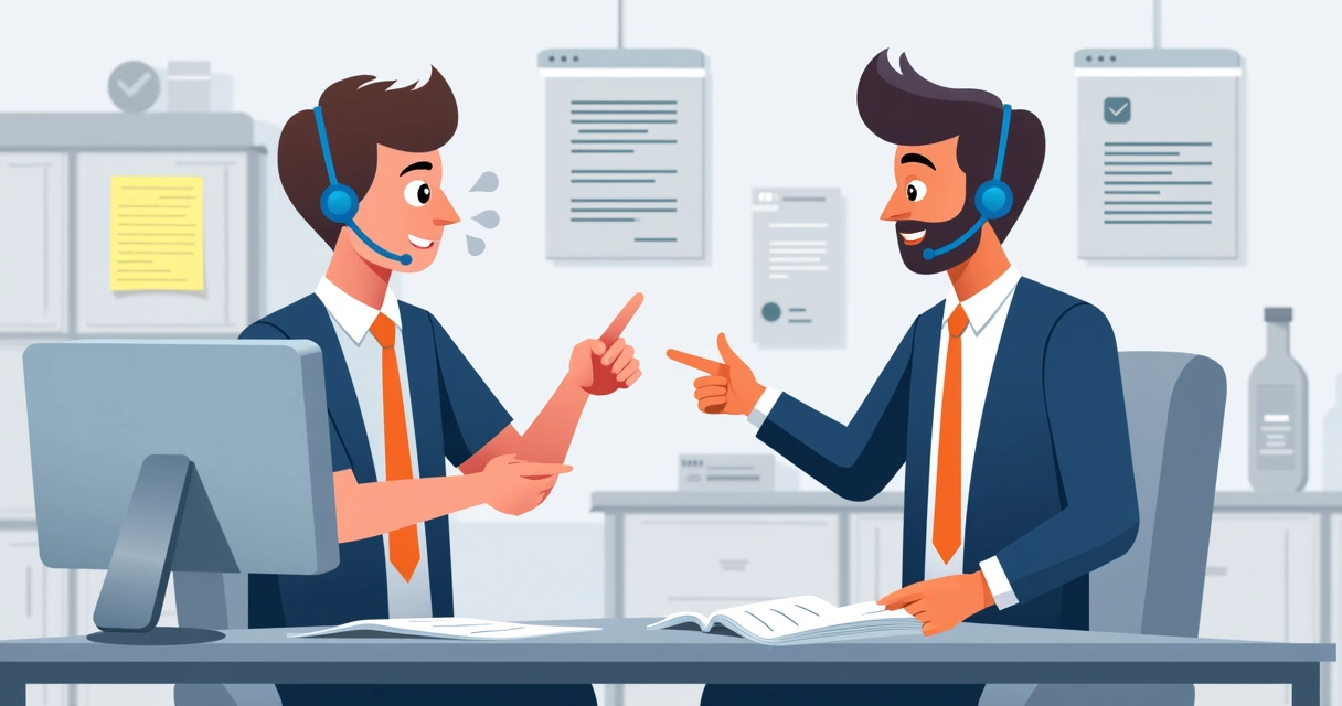Técnico apontando dúvida em tela de computador para colega em assistência técnica 