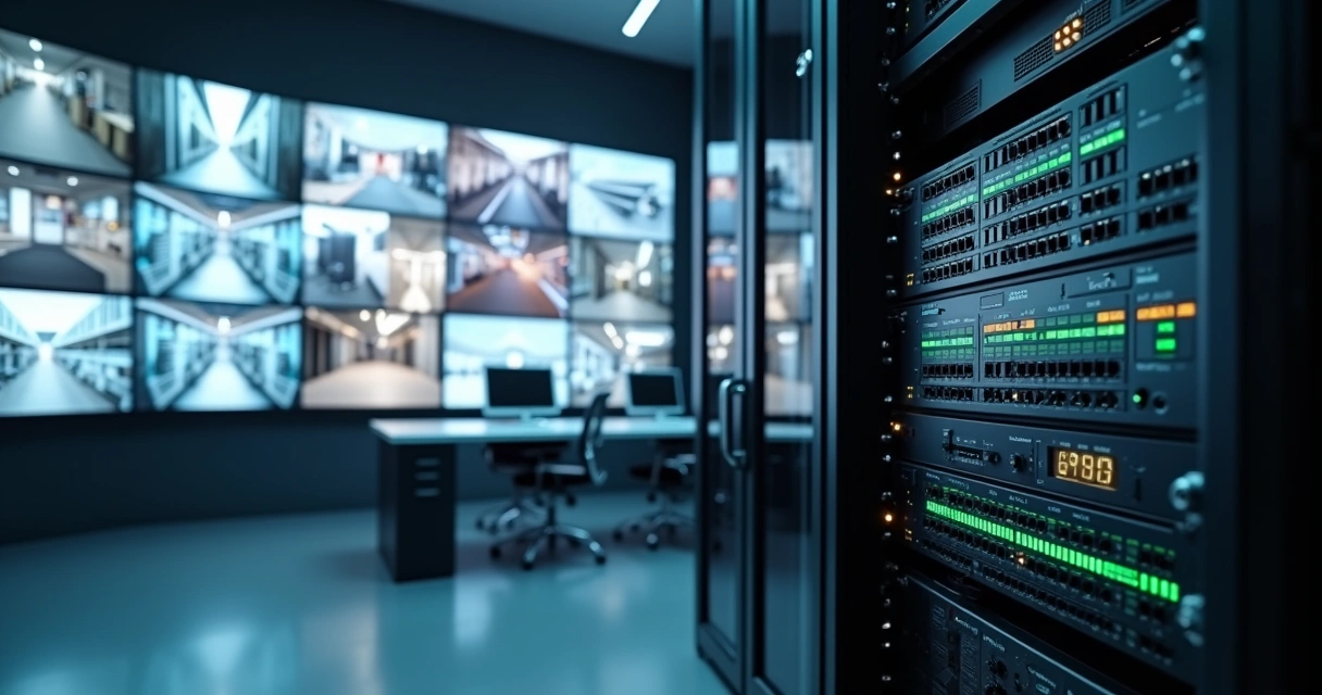 DVR Hikvision 32 canais em rack de monitoramento com várias telas exibindo câmeras de segurança 