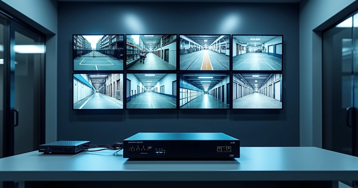 Central de monitoramento exibindo múltiplas câmeras conectadas a um DVR 8 canais 