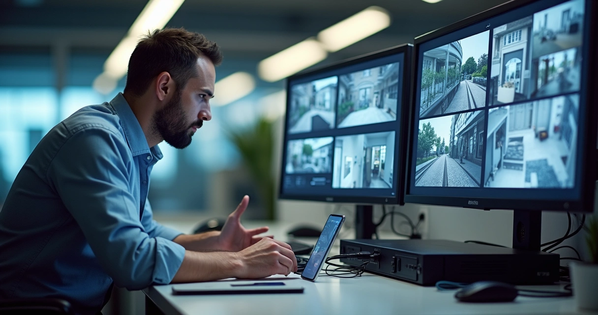 Técnico configurando DVR Hikvision digital no escritório