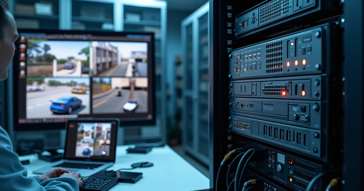 Instalador configurando DVR Hikvision digital em rack de segurança eletrônica 