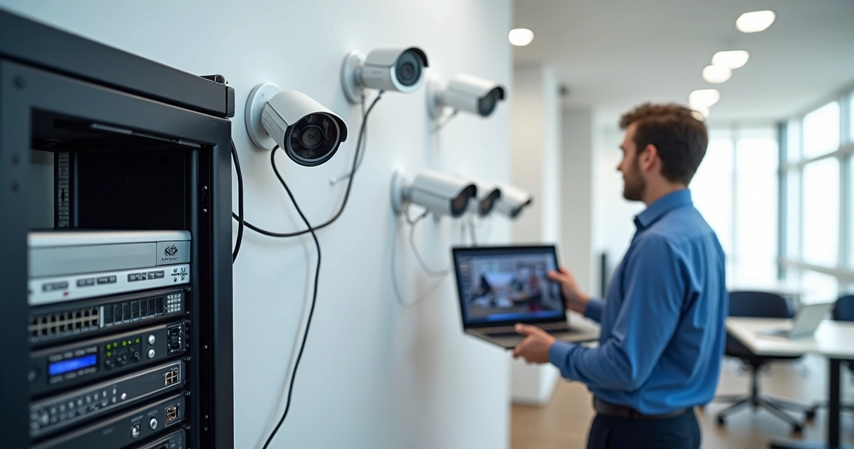 Instalação de DVR de 8 canais com câmeras em ambiente empresarial 