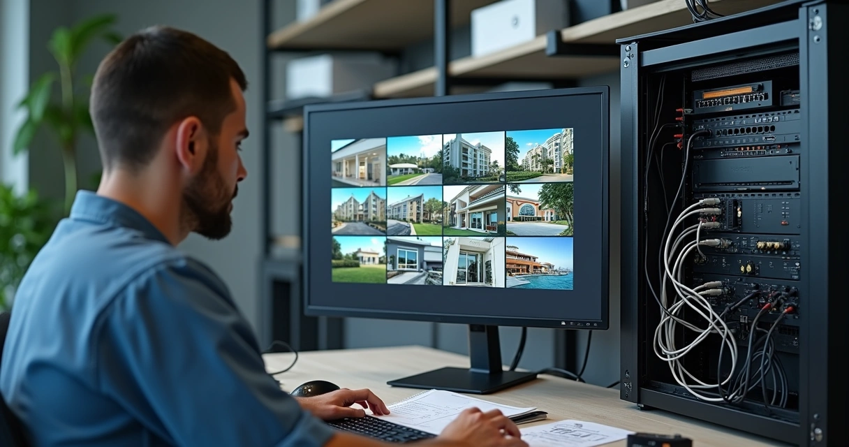 Instalador configurando DVR Intelbras 16 canais em rack com câmeras de segurança 