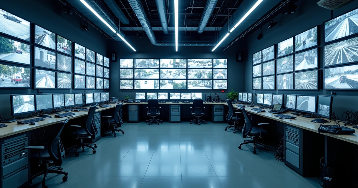 Sala técnica com DVR e NVR instalados em racks, monitores exibindo múltiplas telas de visão de câmeras 